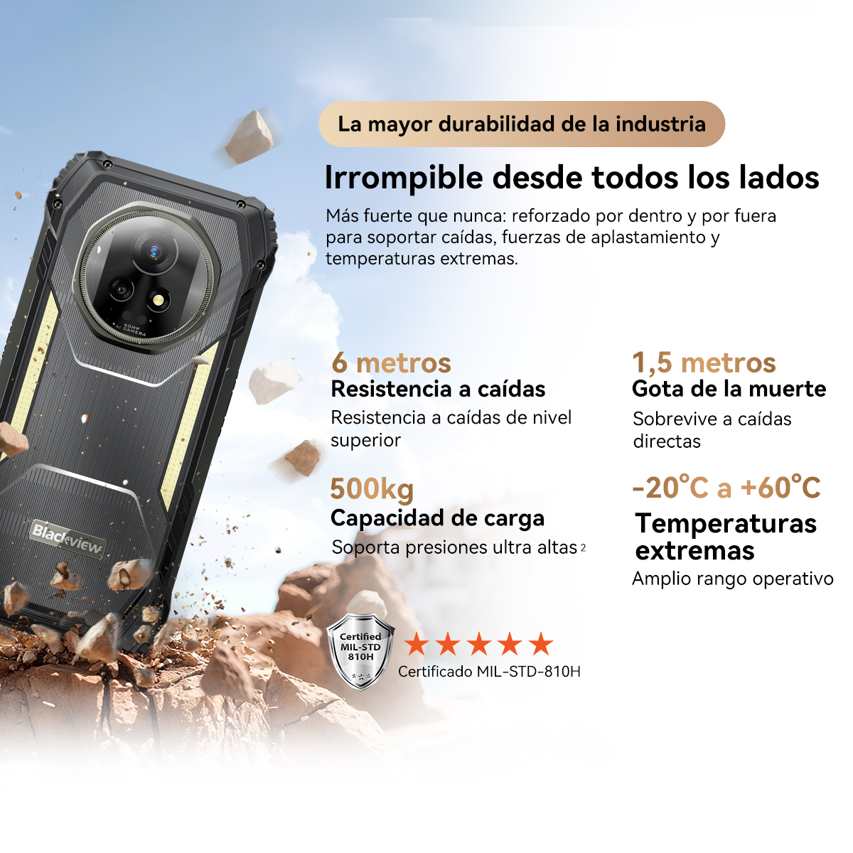Se muestra un teléfono negro robusto con detalles dorados, junto con texto que describe su durabilidad, resistencia a caídas y rango de temperatura.