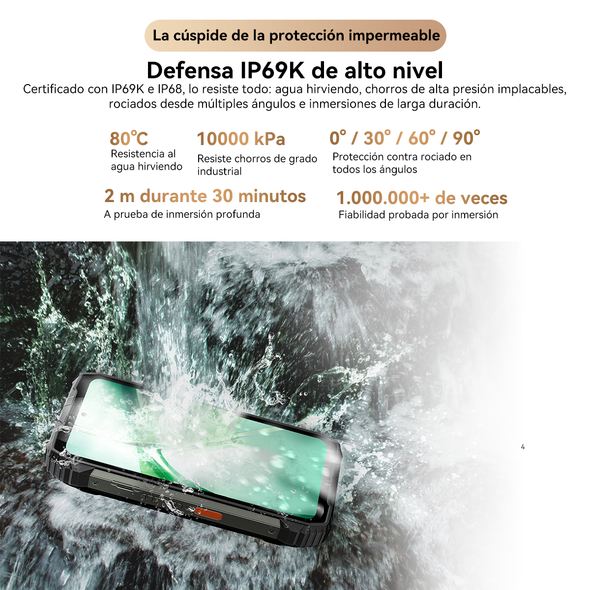 Un teléfono sumergido en agua demuestra su resistencia al agua. El texto describe su nivel de protección.