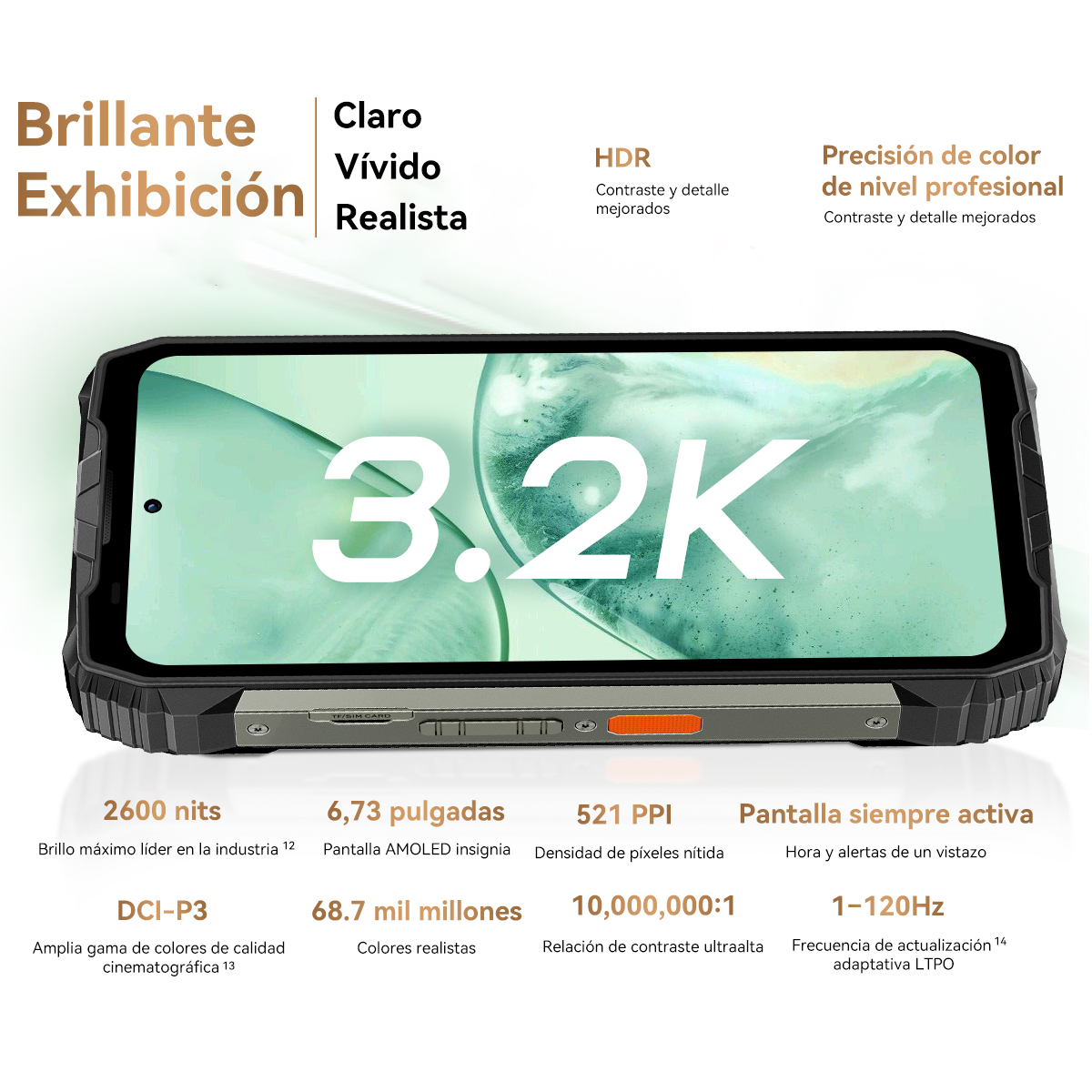 Una pantalla de smartphone que muestra '3.2K', rodeada de especificaciones como '2600 nits', '6.73 pulgadas' y '521 PPI'.
