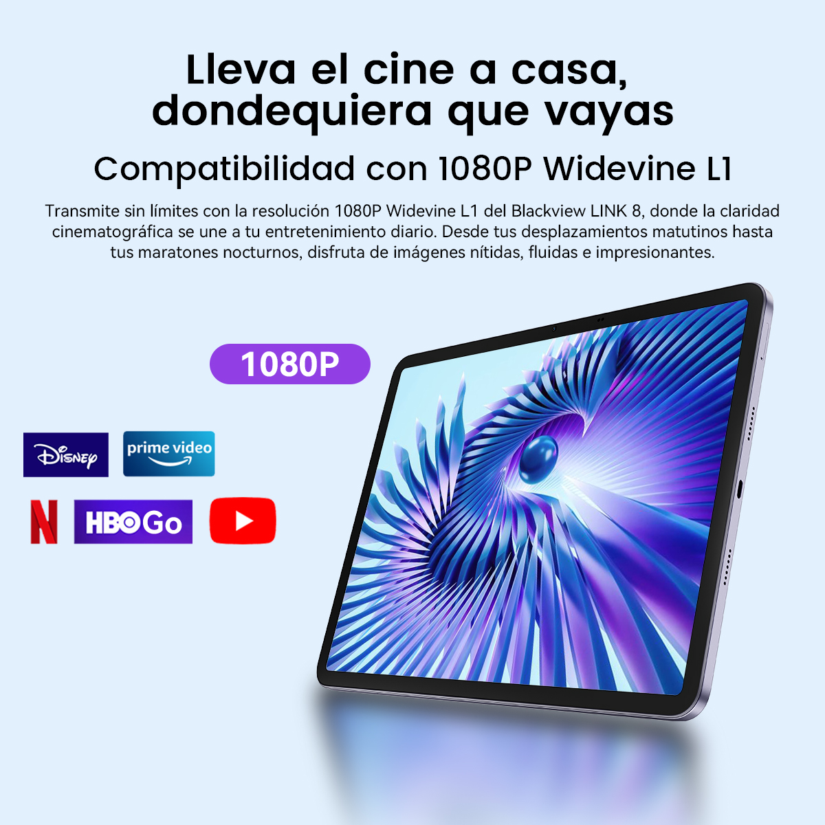 Tableta mostrando arte abstracto azul. Logotipos de Disney+, Prime Video, HBO Go y YouTube presentes.