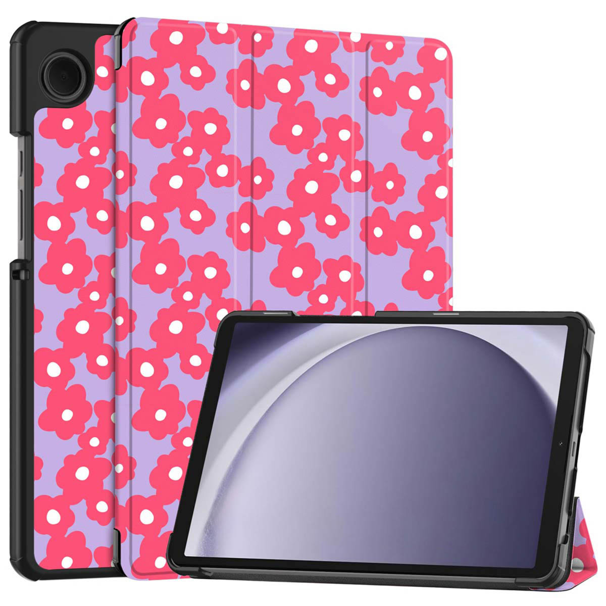 Tablet met bloemenhoes. De hoes is lila met rode bloemen. Het tabletscherm toont een lichtpaarse boog.