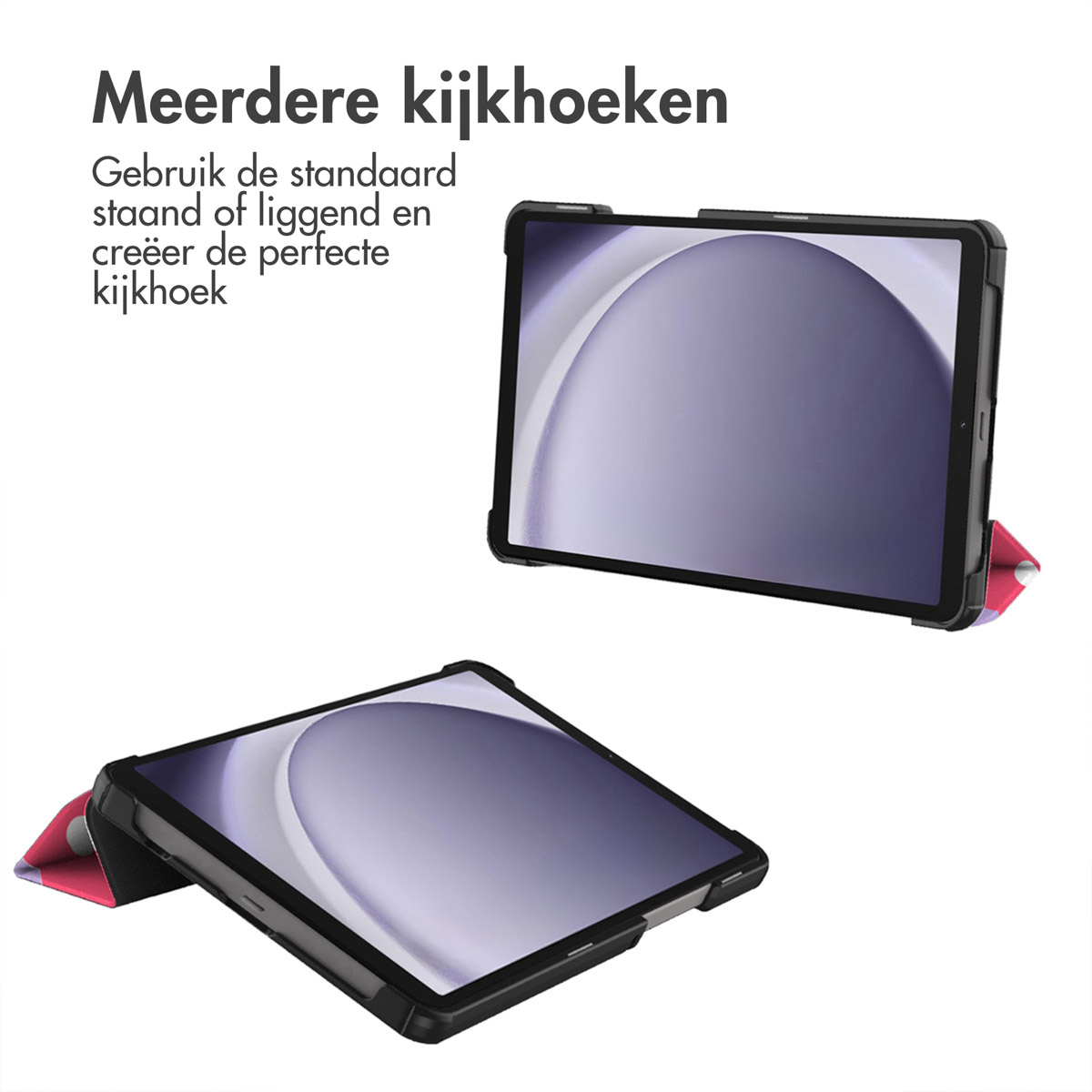 Twee tablets met zwarte frames, één omhoog, de andere omlaag. Tekst in het Nederlands bovenaan.