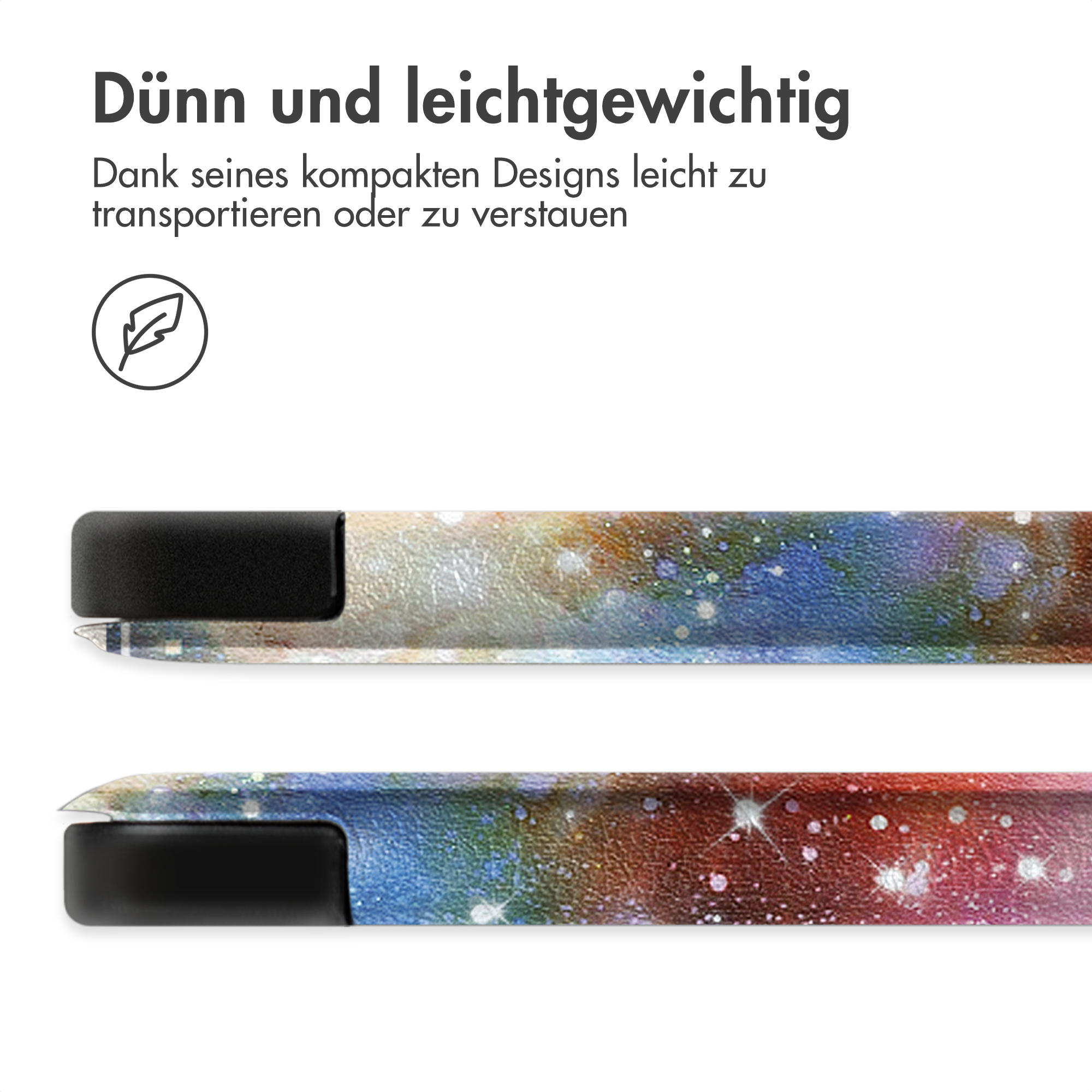 L'immagine mostra una custodia sottile per telefono con bordo nero e design galattico colorato. Testo in alto: 'Sottile e leggero'.