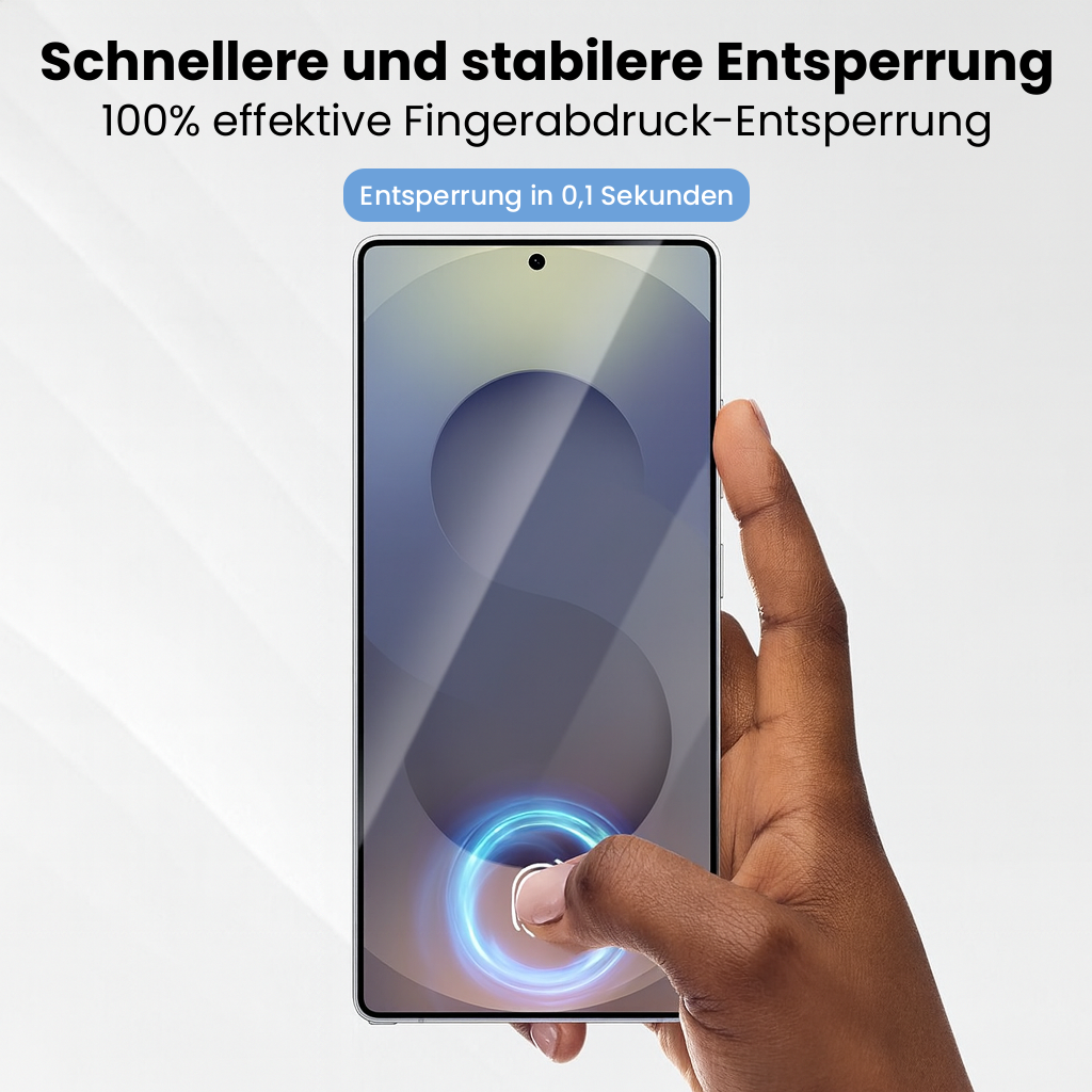 Eine Hand berührt den Bildschirm eines Telefons und aktiviert den Fingerabdrucksensor. Das Telefon ist silberfarben, der Hintergrund weiß.