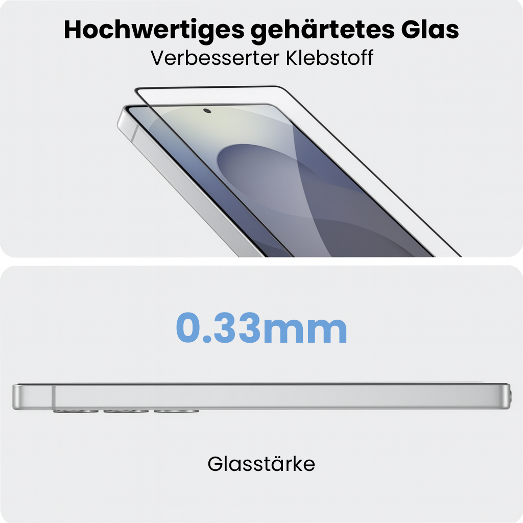 Das Bild zeigt ein Telefon mit einem Glas-Displayschutz. Es zeigt auch die Dicke des Glases als 0,33 mm. Text auf Deutsch ist ebenfalls vorhanden.