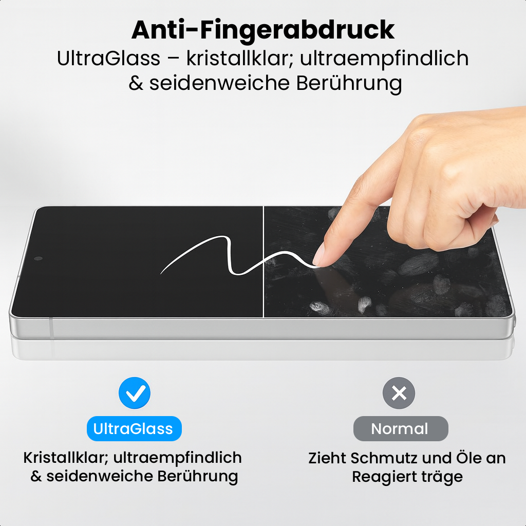 Eine Hand berührt einen Telefonbildschirm. Der Bildschirm ist geteilt; eine Seite ist sauber, die andere zeigt Fingerabdrücke. Text vergleicht UltraGlass und normal.