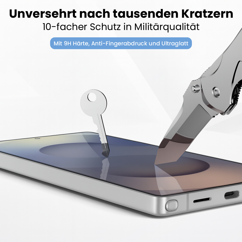 Ein Handy-Bildschirm wird mit einem Schlüssel und einem Messer auf Kratzfestigkeit getestet. Der Bildschirm bleibt intakt und zeigt Schutz.