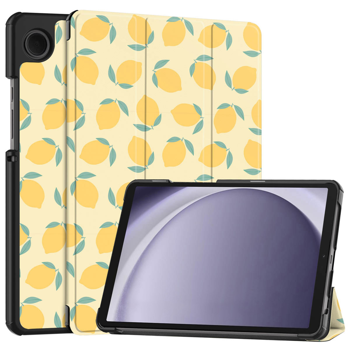 Une tablette dans un étui à motifs de citrons. L'étui est ouvert, montrant l'écran. Le fond est blanc.
