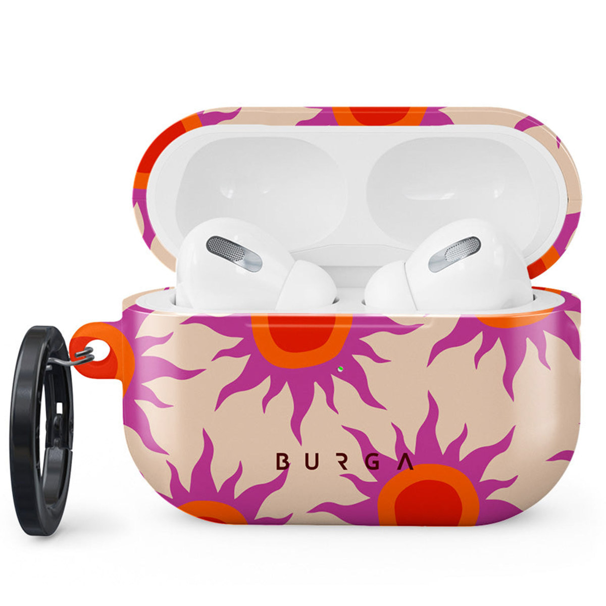 Open AirPods-hoesje met zonnepatroon. Binnenin zijn witte oortelefoons zichtbaar. Hoesje heeft een zwarte ring en oranje accenten. BURGA-logo zichtbaar.