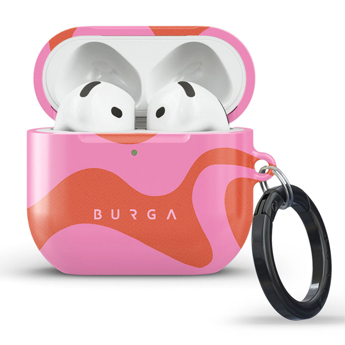 Roze en oranje patroon AirPods-hoesje met witte AirPods erin. Een zwarte karabijnhaak is bevestigd. De merknaam BURGA is zichtbaar.