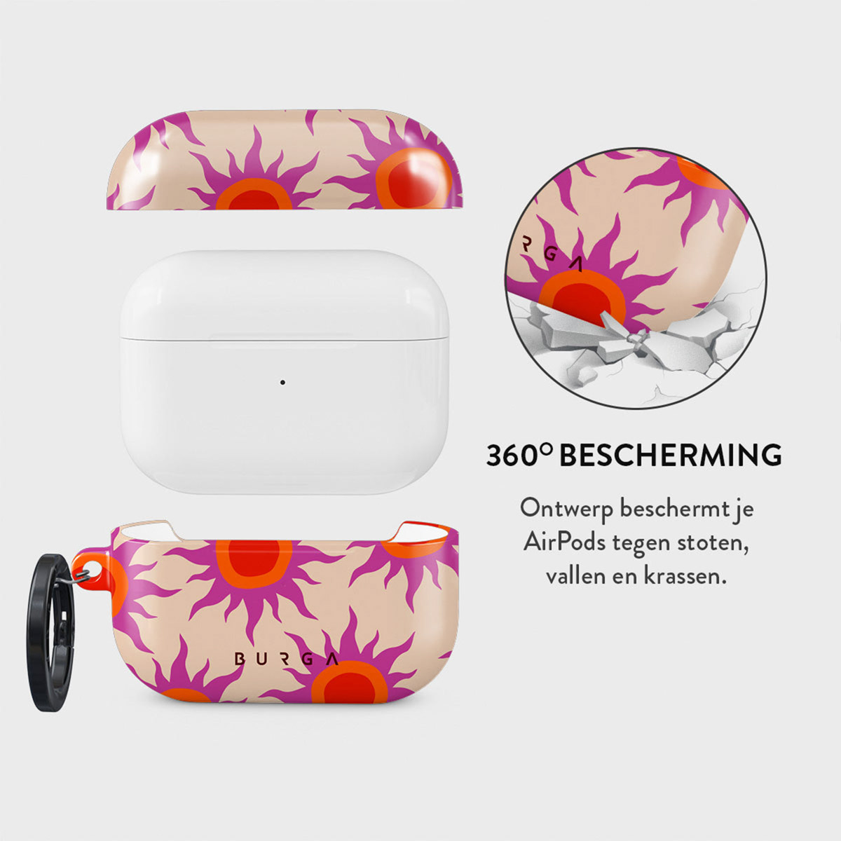 Een AirPods-hoesje met een zonne-patroon. De hoes wordt open en dicht getoond. Een afbeelding toont de bescherming tegen schade.