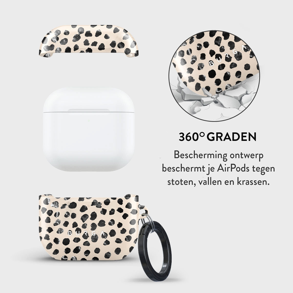 Afbeelding toont een AirPods-hoesje met een zwart-beige stippenontwerp. Het is in 3 delen, met een karabijnhaak bevestigd. Tekst zegt 360° bescherming.