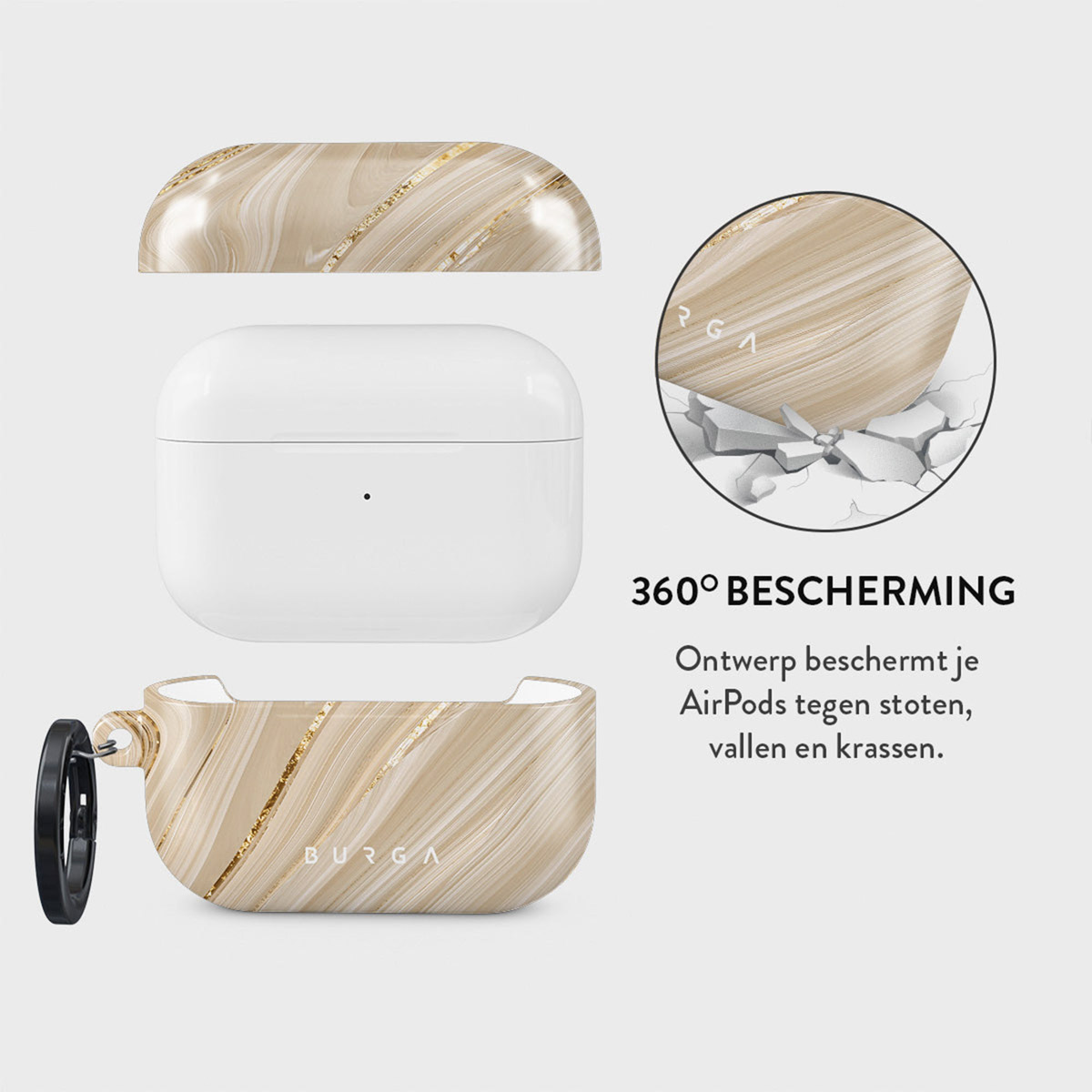 Afbeelding toont een AirPods-case in drie delen. De case heeft een marmeren ontwerp. De afbeelding heeft ook een cirkel die de bescherming toont.