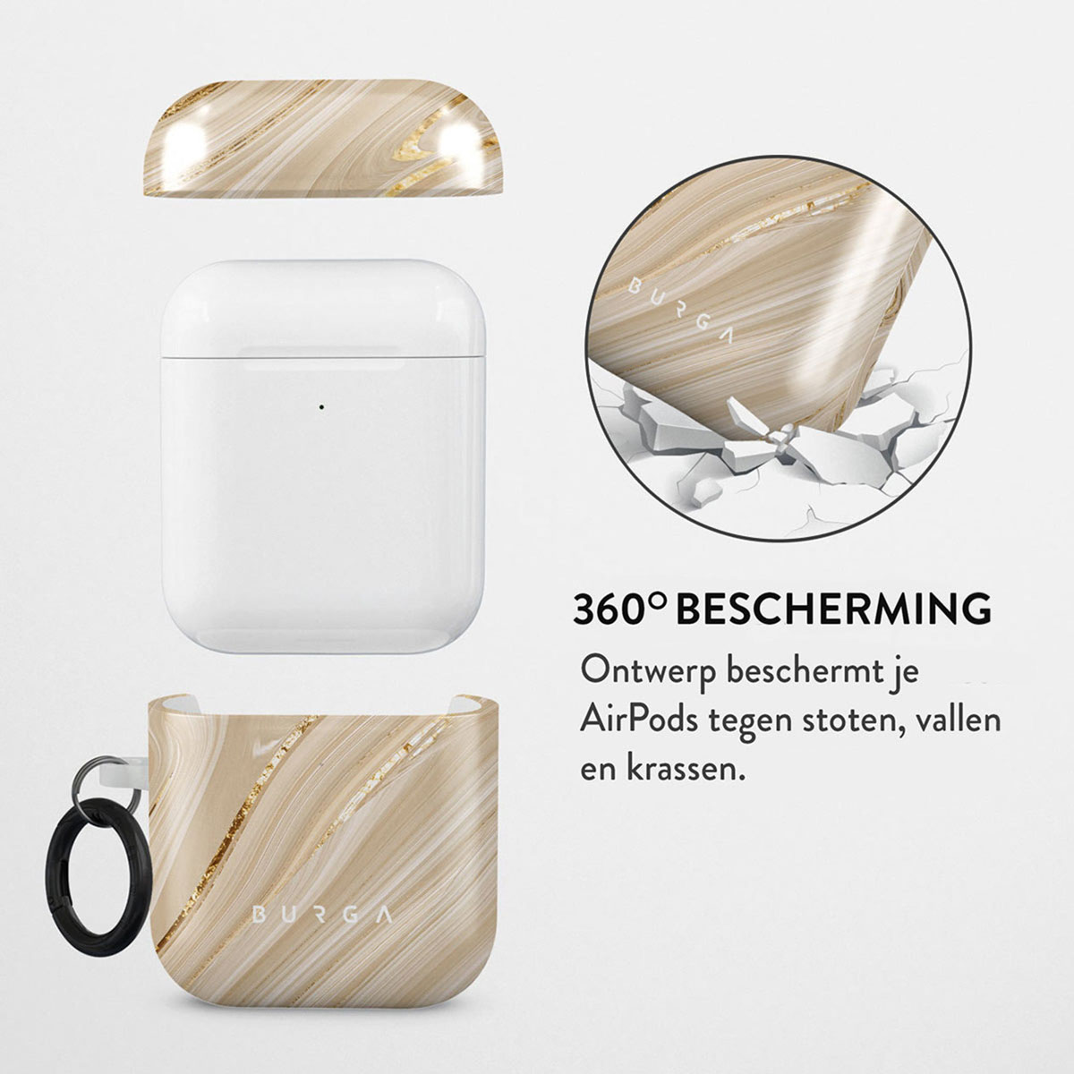 Afbeelding toont een AirPods-hoesje in drie delen met een marmerontwerp. Een gebarsten cirkel toont de beschermhoes. Tekst vermeldt 360° bescherming.