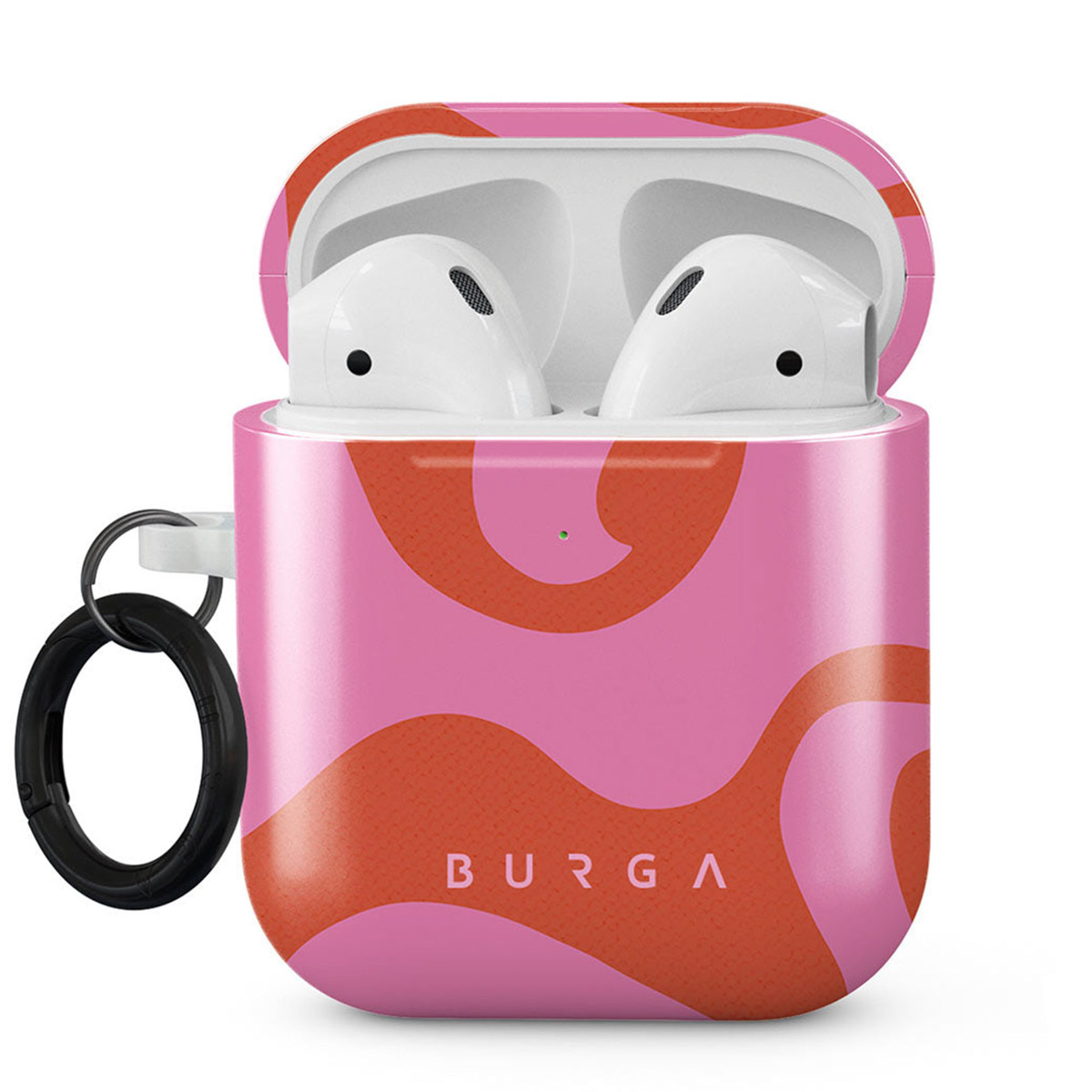 Roze en oranje patroon AirPods case met witte AirPods erin. Een zwarte ring is aan de case bevestigd. De merknaam is zichtbaar.