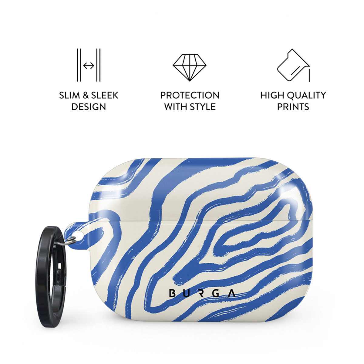 Een AirPod-hoesje met een blauw en wit zebrapatroon. Het heeft een zwarte ring en het woord BURGA staat erop gedrukt.