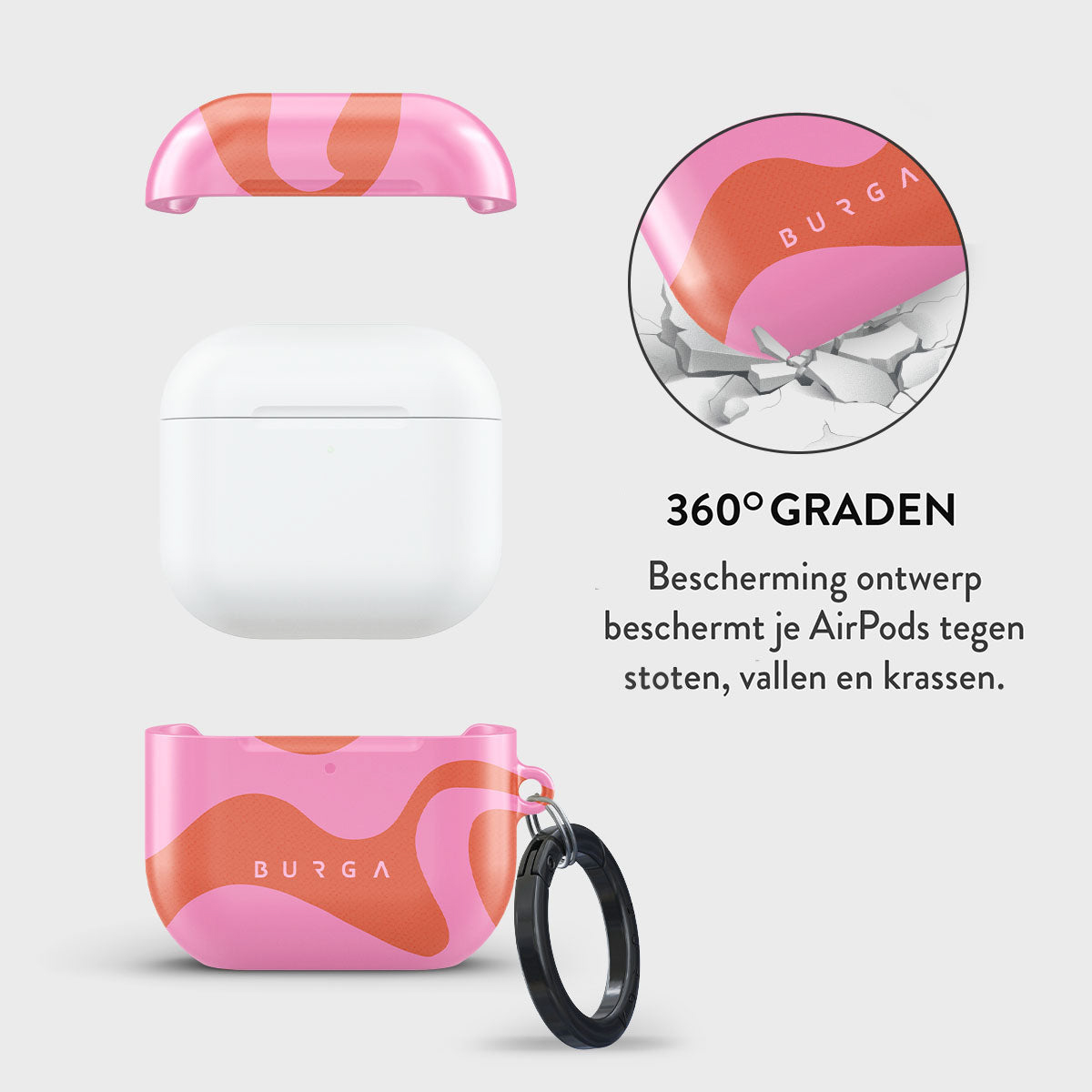Roze en oranje patroon AirPods case, met een witte AirPods case en een zwarte ring. De tekst luidt 'BURGA' en '360° GRADEN'.