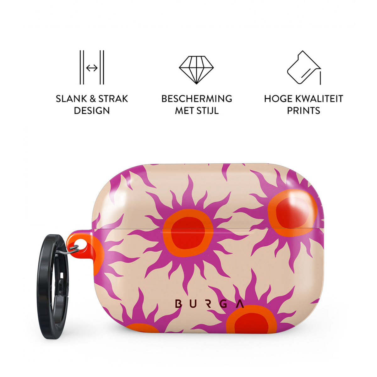 Een AirPod-hoesje met een patroon van paarse en oranje zonnen op een beige achtergrond. Het heeft een zwarte ring en oranje accenten.