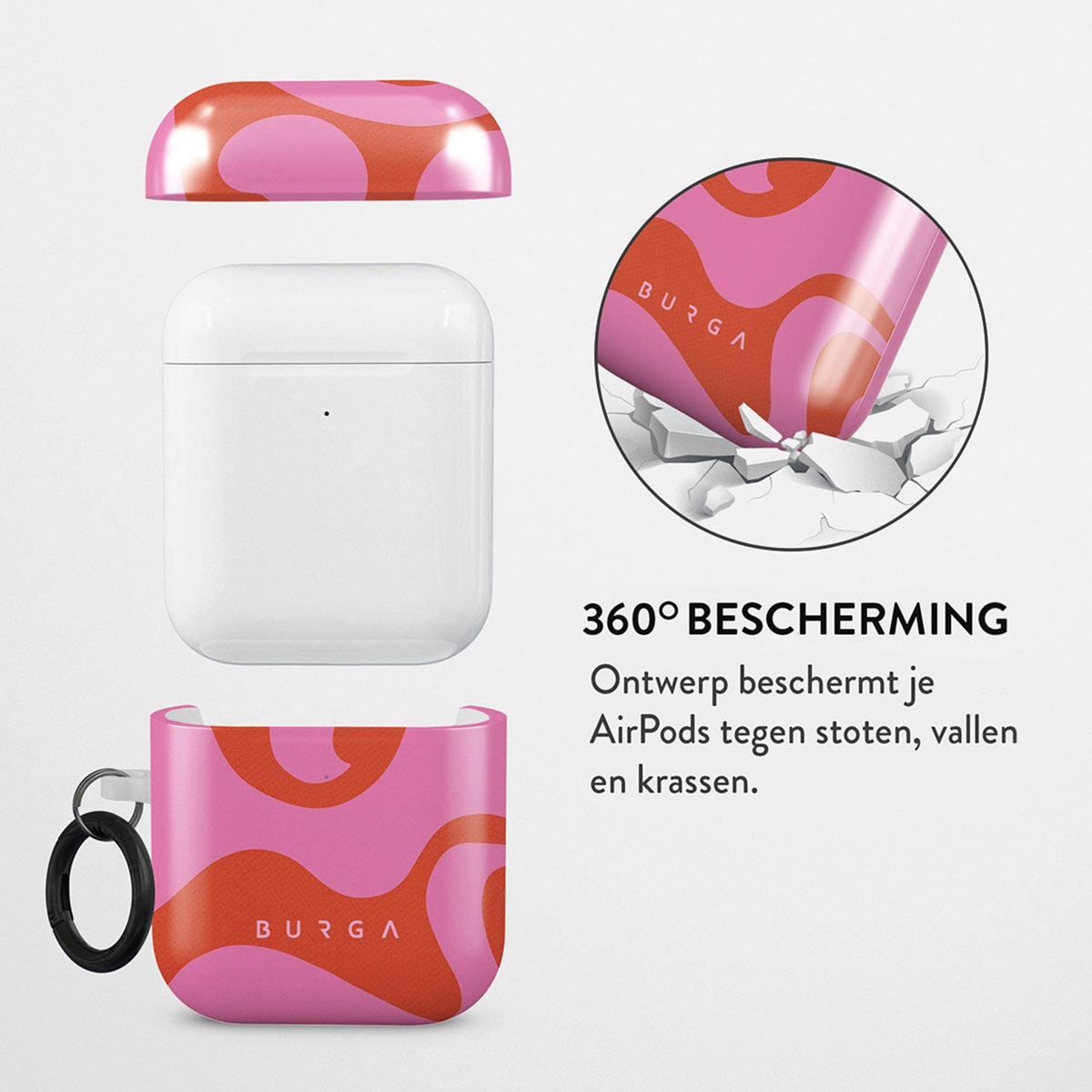 Afbeelding toont een AirPods-hoesje met roze en oranje ontwerp, met bijpassende bovenkant. De hoes wordt open en gesloten getoond. Een tekst zegt '360° bescherming'.