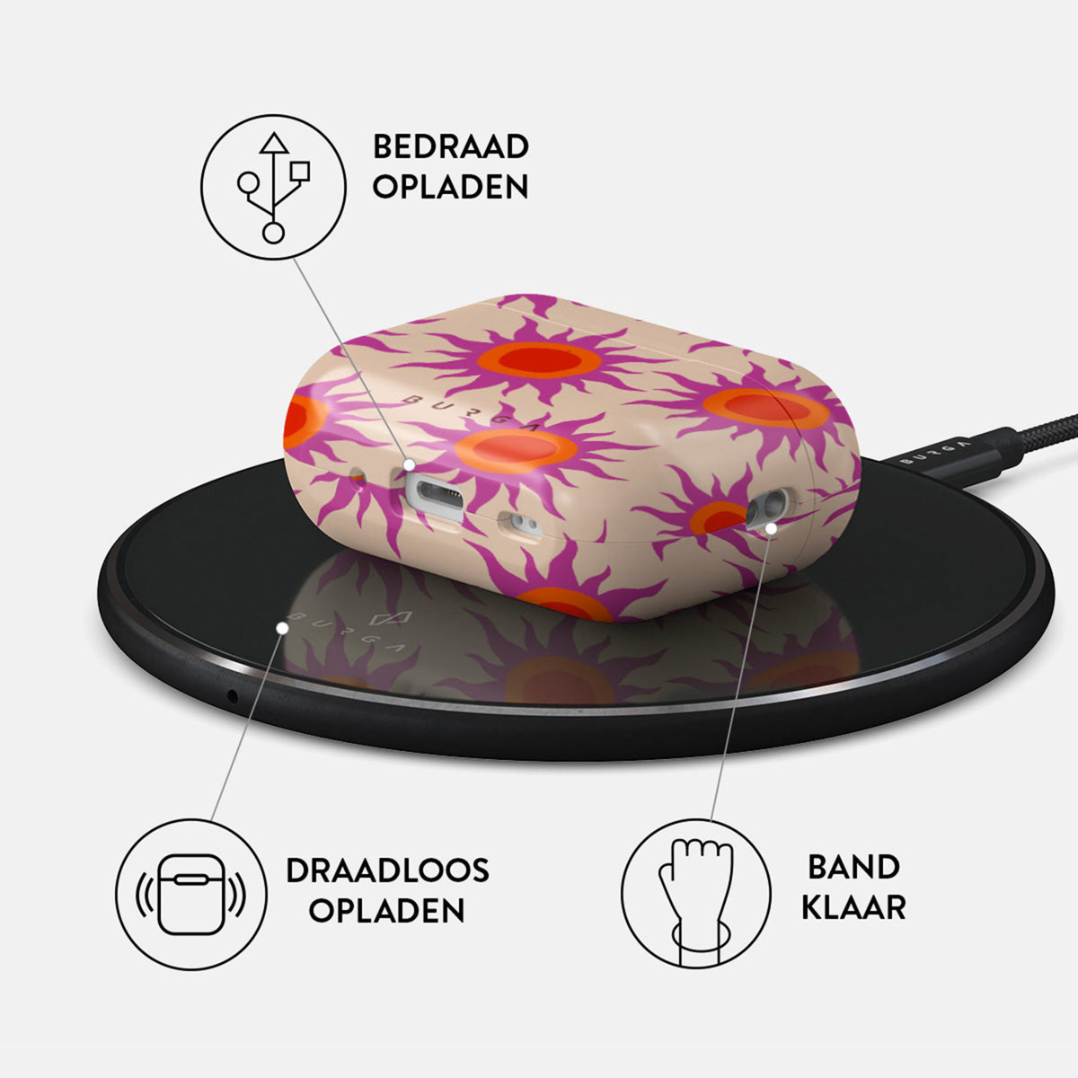 Oortjescase met bloemenontwerp op een zwarte draadloze oplader. Teksten: Bedraad opladen, Draadloos opladen en Band klaar.