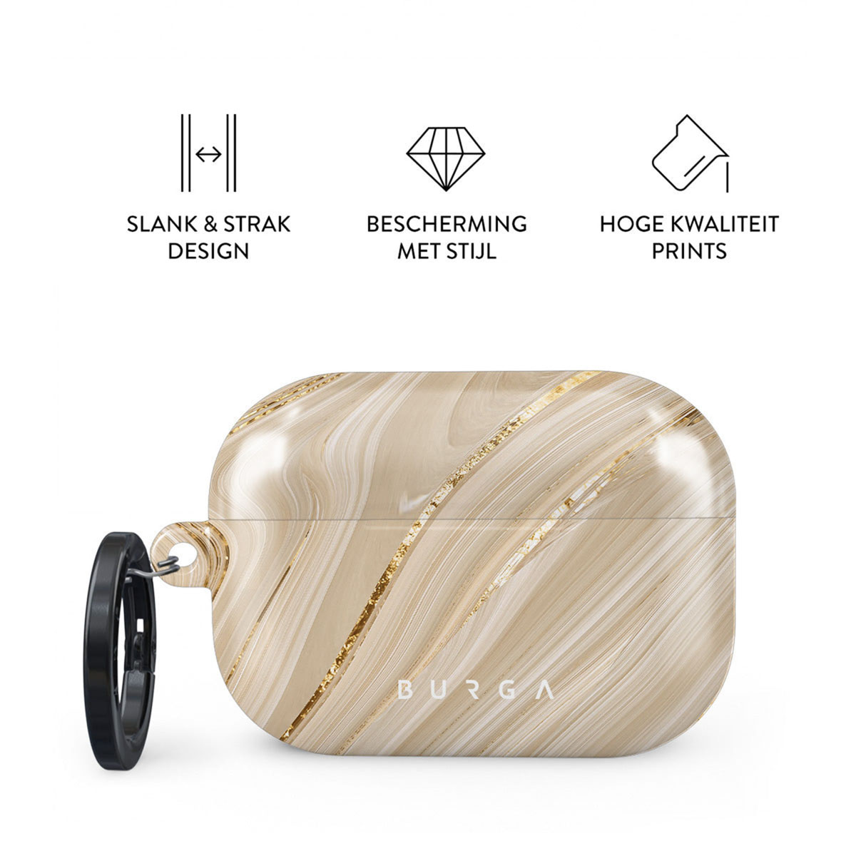 Oordopjeshoes met marmerdesign, gouden accenten en zwarte ring. Tekst: 'SLANK & STRAK DESIGN', 'BESCHERMING MET STIJL', 'HOGE KWALITEIT PRINTS'.