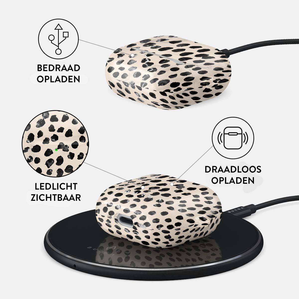 Draadloze oplaadopstelling met een gevlekte oplaadcase en een zwart oplaadpad, gelabeld voor draadloos en bedraad opladen.