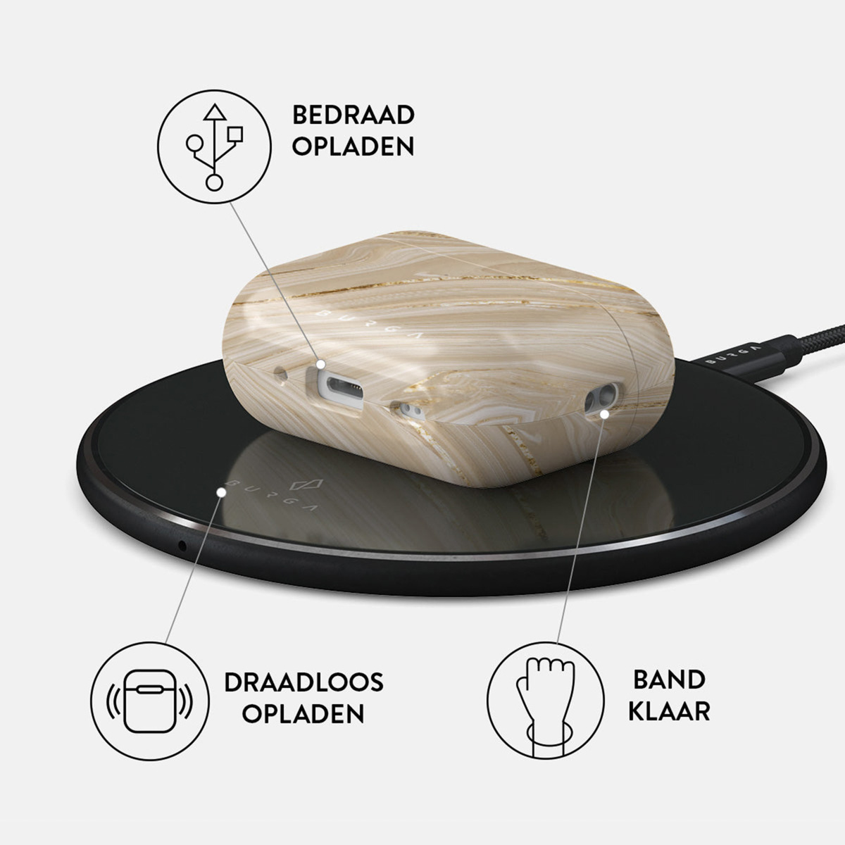 Oordopjeshoesje met marmerpatroon op een zwarte draadloze oplader, verbonden met een kabel. Pictogrammen geven oplaadmethoden en functies aan.