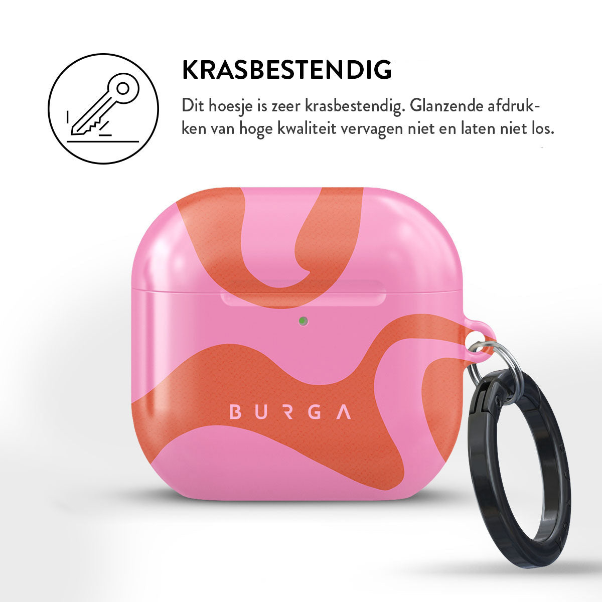 Roze en oranje patroon AirPods case met een zwarte ring. Tekst luidt 'BURGA' en 'KRASBESTENDIG'.
