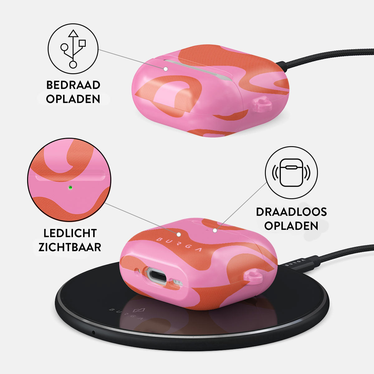 Roze en oranje AirPods-hoesje met patroon op een zwarte draadloze oplader. Hoesje heeft tekst en symbolen voor oplaadmethoden.
