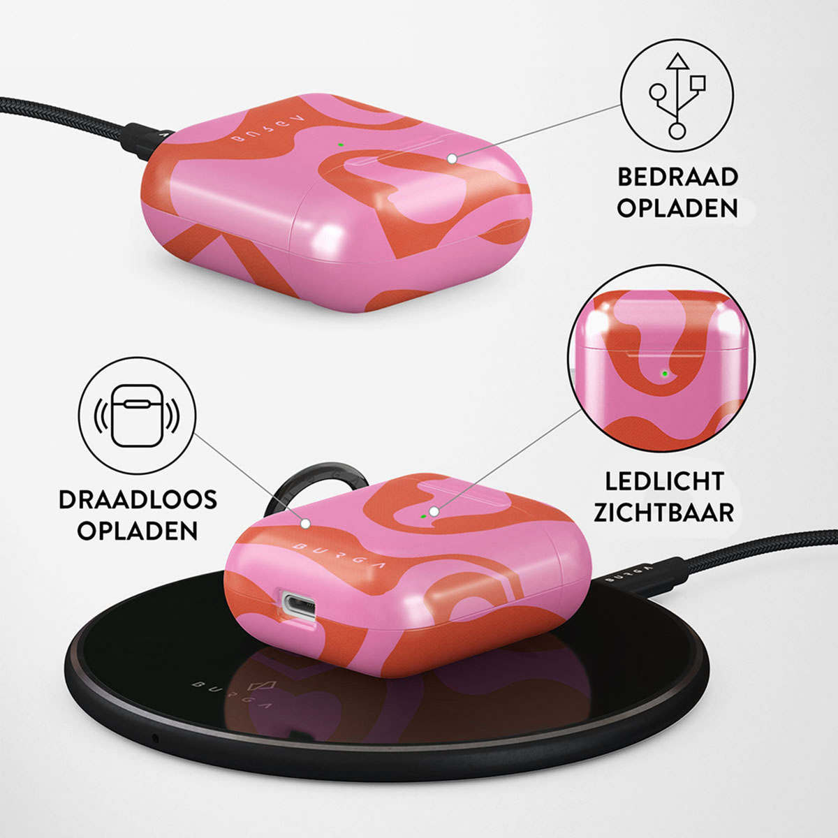 Roze en oranje patroon AirPods-hoesje, draadloze oplader en oplaadkabel. Op de hoes staat BURGA. Labels wijzen op functies.
