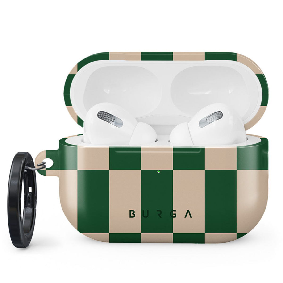 Open AirPods-case met groen en beige dambordpatroon. Witte AirPods binnenin. Zwarte karabijnhaak aan de zijkant. BURGA-logo zichtbaar.