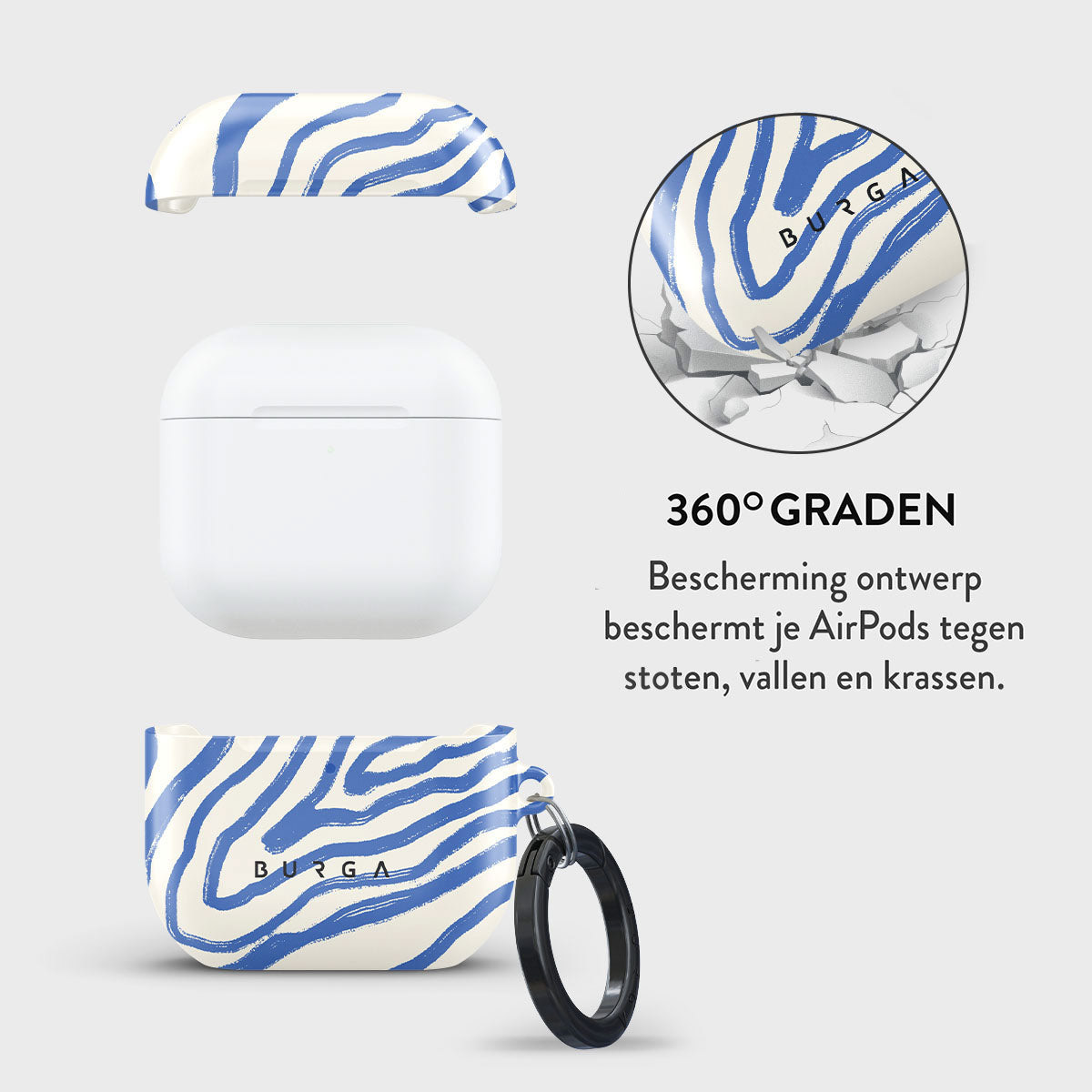 AirPods-hoesjeset met een blauw zebrapatroon. De set bevat een bovenklep, hoofdcase en een beschermende ring. De achtergrond is wit.
