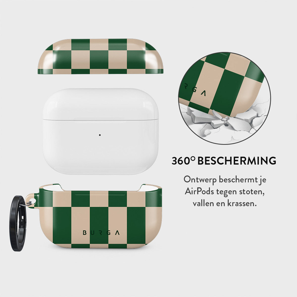 Een AirPods-hoesje wordt in drie delen getoond: deksel, behuizing en de witte AirPods binnenin. De hoes is groen en beige geruit.