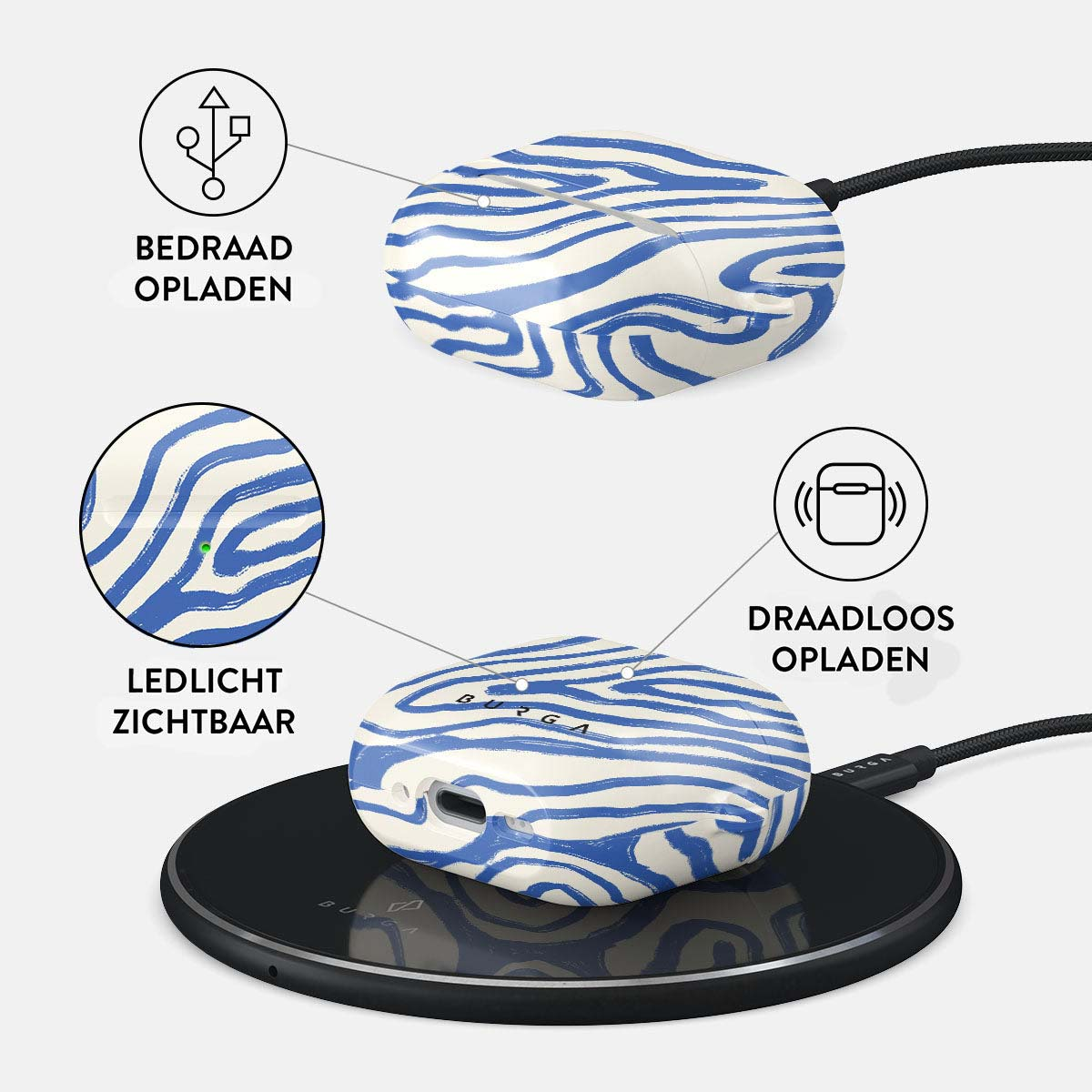 Een wit en blauw patroon oplaadcase op een zwarte draadloze oplader. Tekst geeft bedrade en draadloze oplaadopties aan.