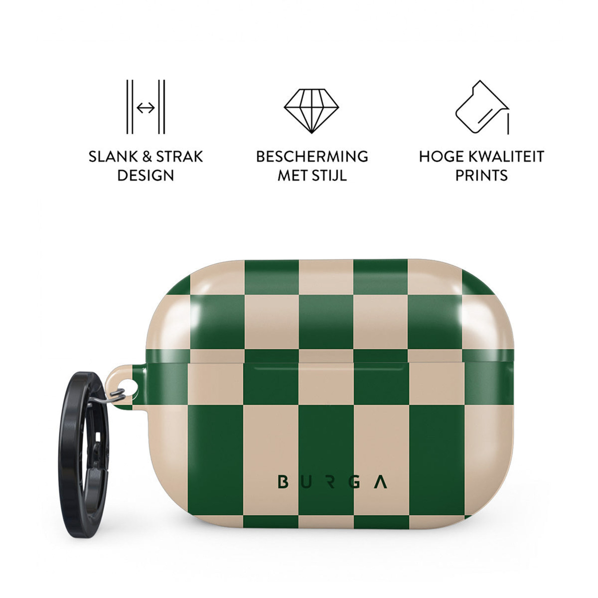 Een AirPod-hoesje met een groen en beige dambordpatroon. Het heeft een zwarte karabijnhaak. Tekst bovenaan: Slank & strak design, etc.