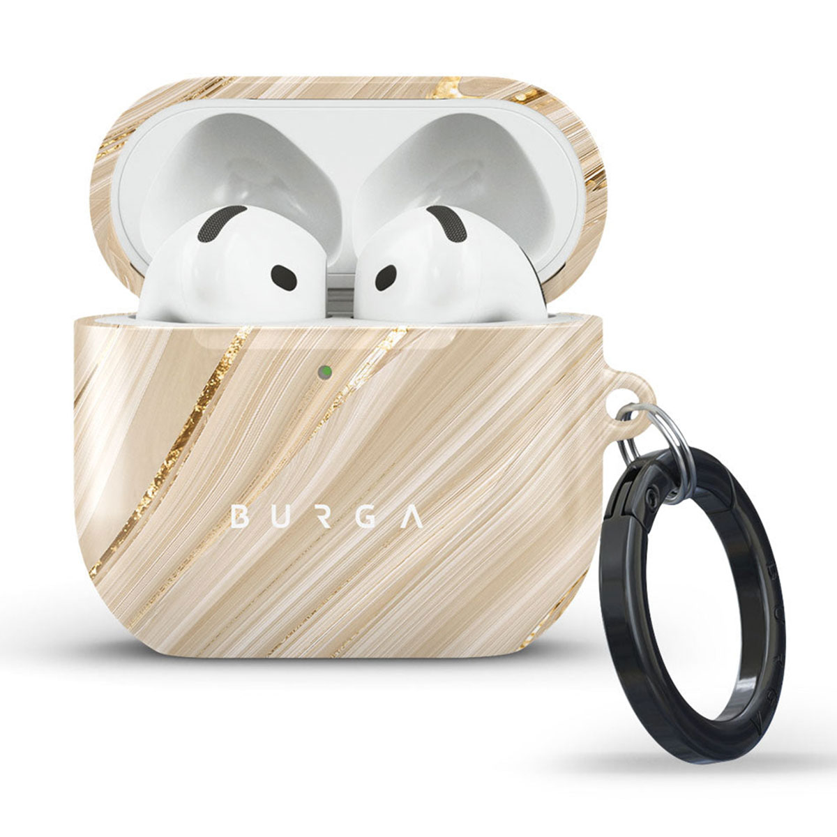 Open AirPods-case met witte oortelefoons erin. De case is beige met gouden accenten, en een zwarte karabijnhaak.