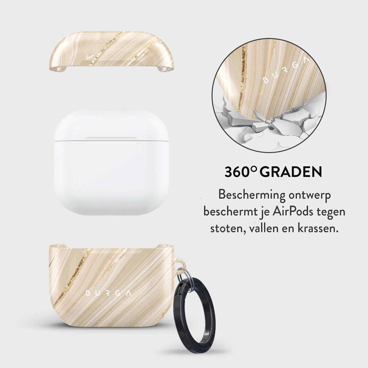 Afbeelding toont een witte AirPods-case en beschermhoezen. De hoezen zijn beige met gouden strepen. Er is een zwarte ring bevestigd.