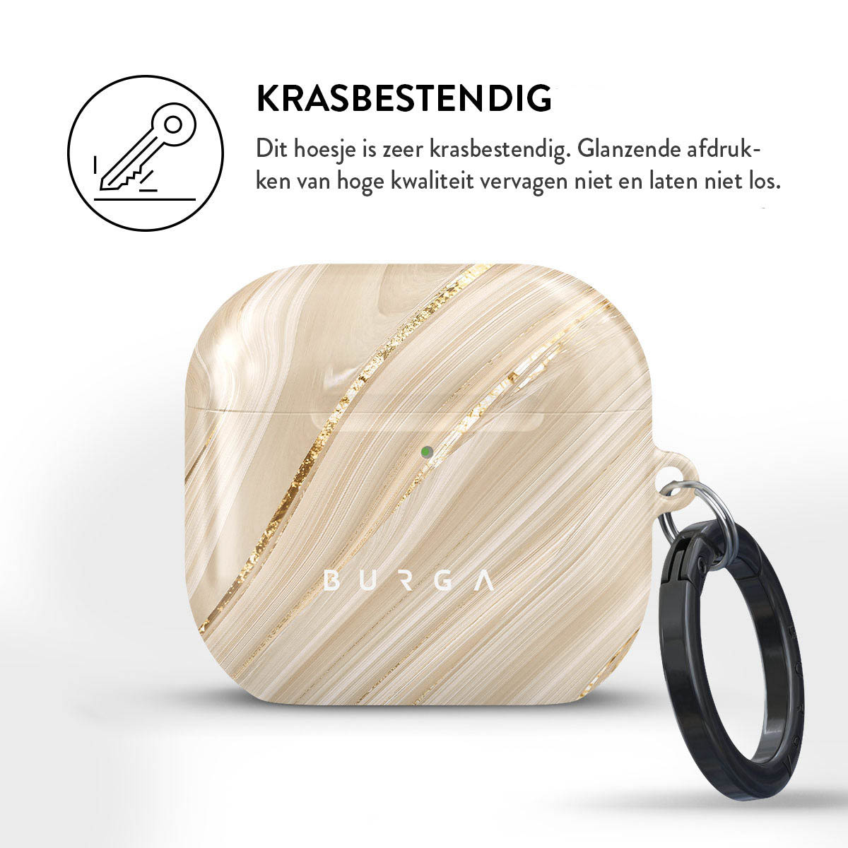 AirPods-hoesje met marmerontwerp, gouden accenten en zwarte ring. De hoes is krasbestendig.