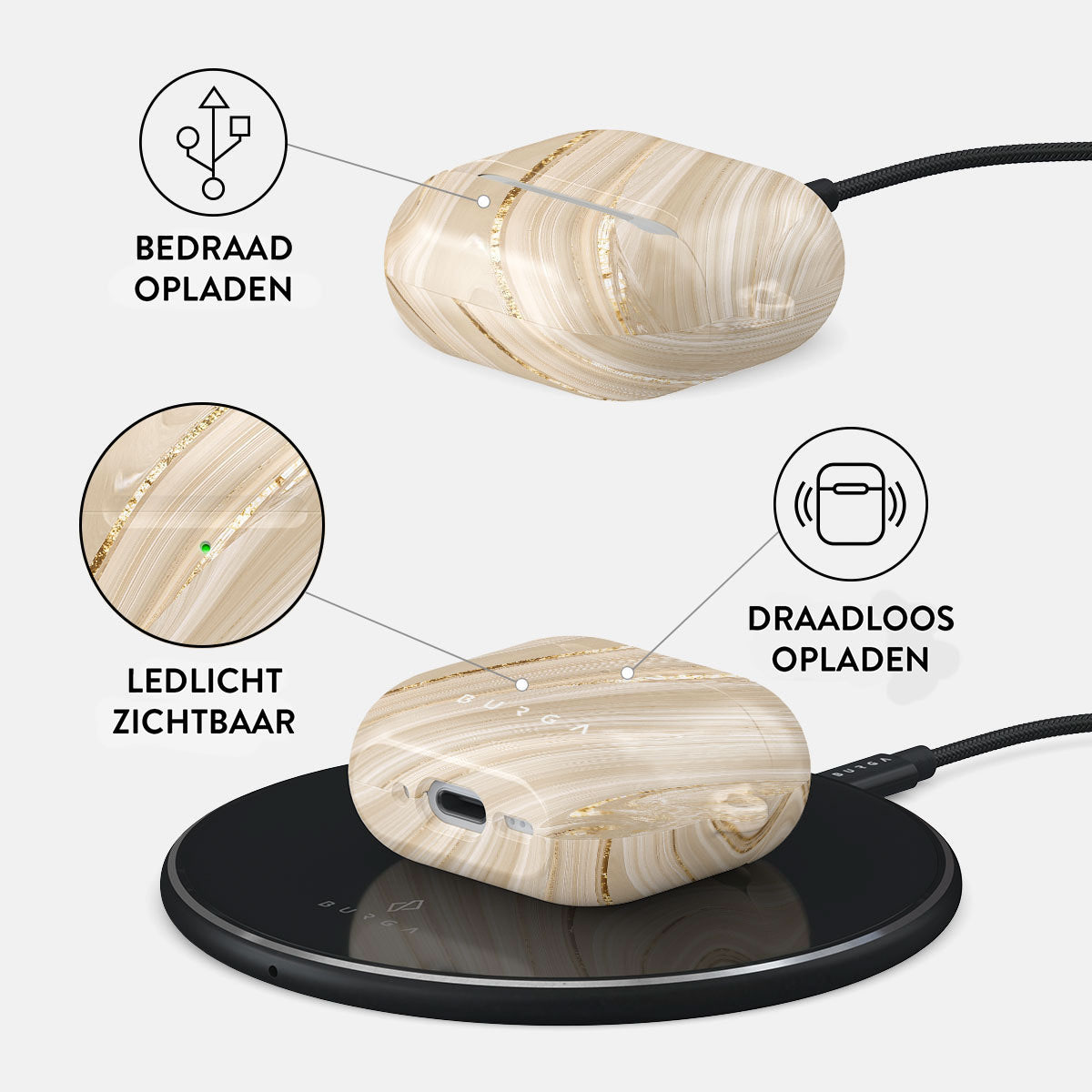 Oordopjescase met marmerontwerp, op een oplaadpad. Toont bedrade en draadloze oplaadopties, met LED-indicator.