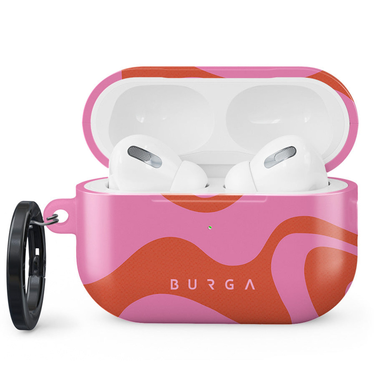 Roze en oranje patroon AirPods case, open, met witte AirPods binnenin. Een zwarte ring is aan de zijkant bevestigd.