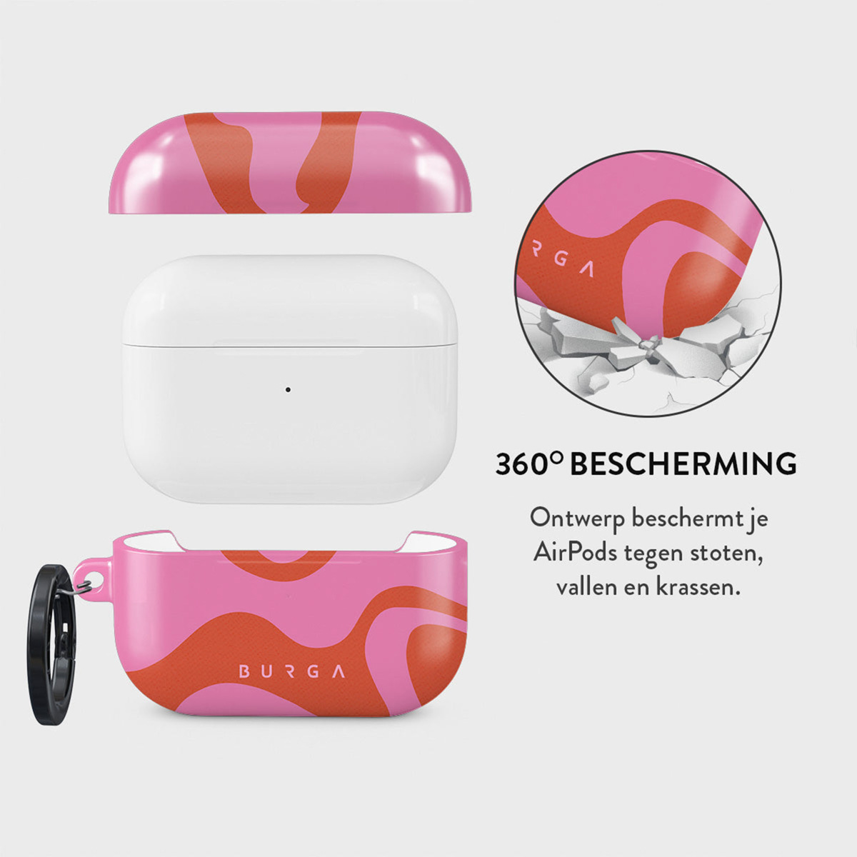 Roze en oranje AirPods-hoesje met losgemaakt deksel en een witte AirPods-hoes. Een afbeelding toont slagvastheid.