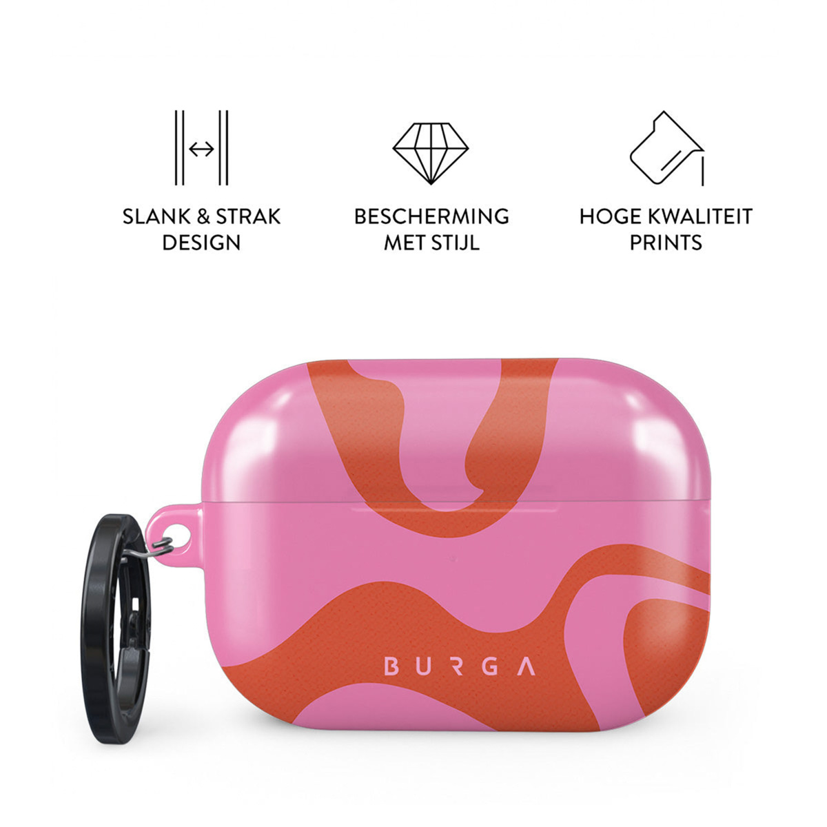 Roze en oranje patroon AirPods case met een zwarte ring. Tekst erboven zegt 'Slank & Strak Design', 'Bescherming met Stijl', en 'Hoge Kwaliteit Prints'.