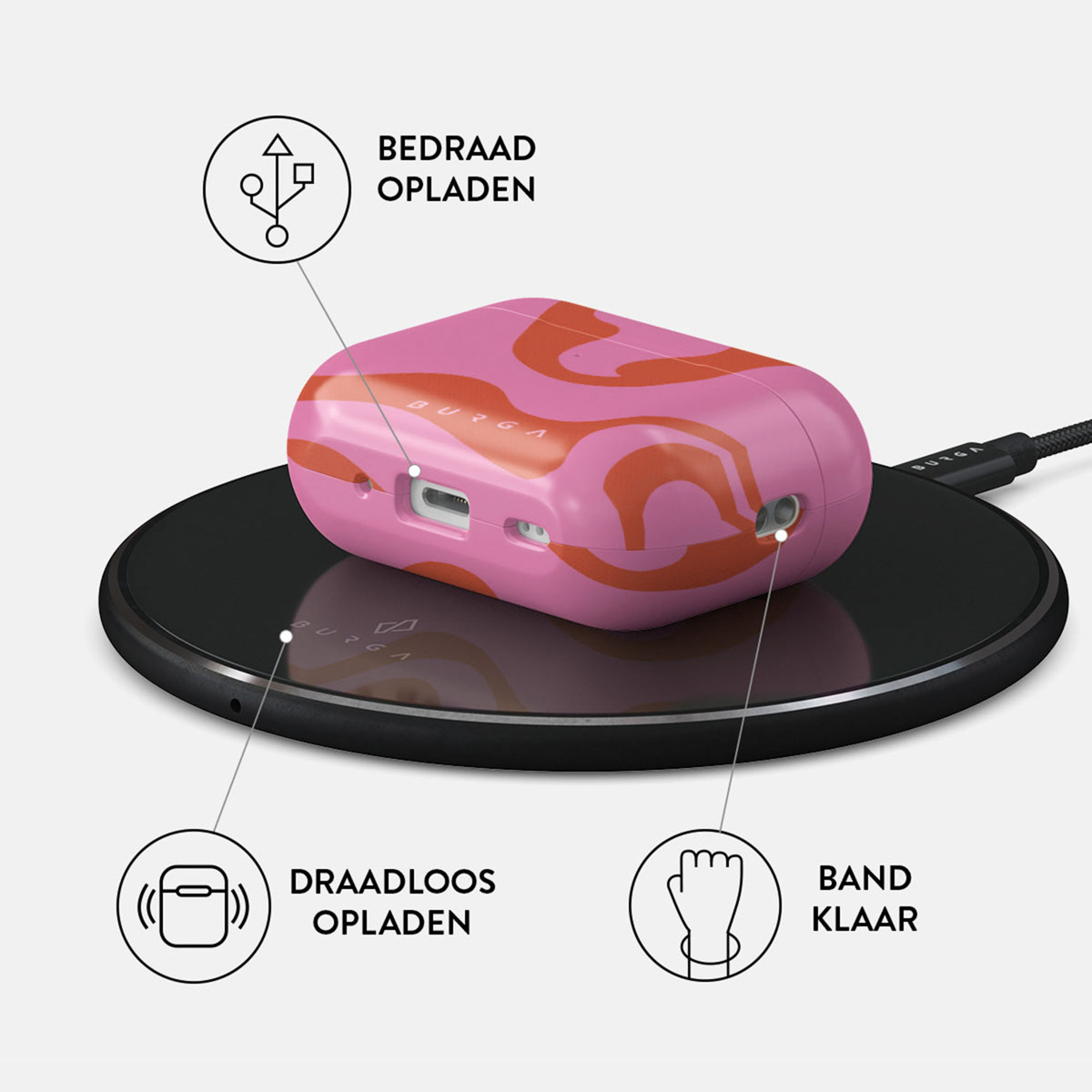 Roze en oranje patroon oortelefoondoosje op een zwarte draadloze oplader. Tekstlabels geven oplaad- en connectiviteitsopties aan.