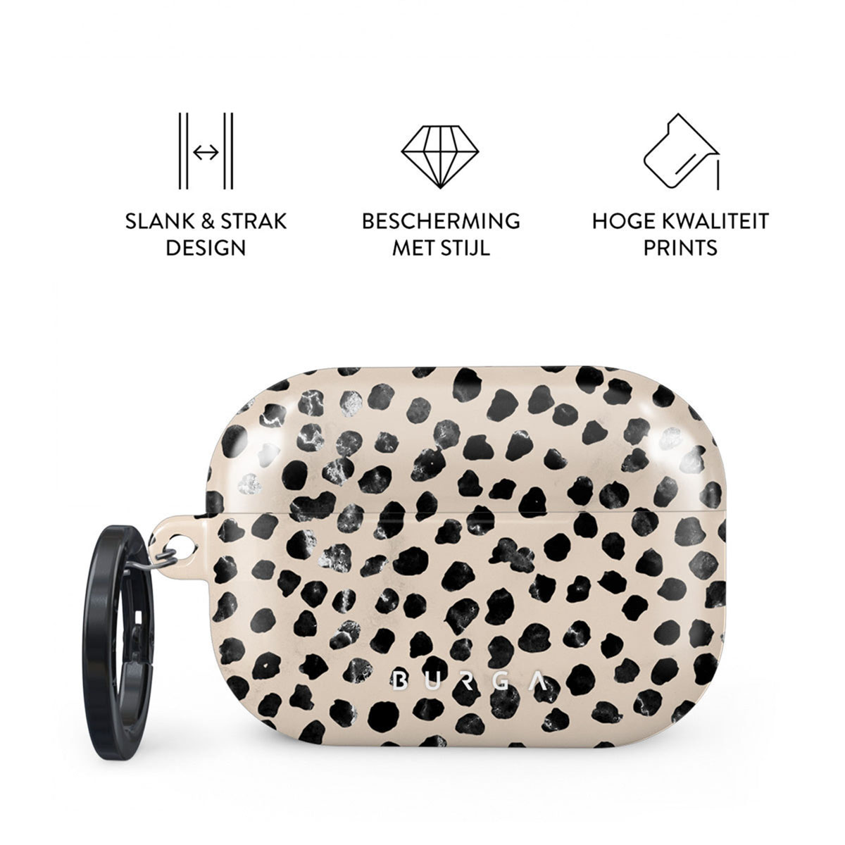 Een AirPods-hoesje met een beige achtergrond en zwarte vlekken. Het heeft een zwarte ring. Tekst erboven: 'Slank & Strak Design'.
