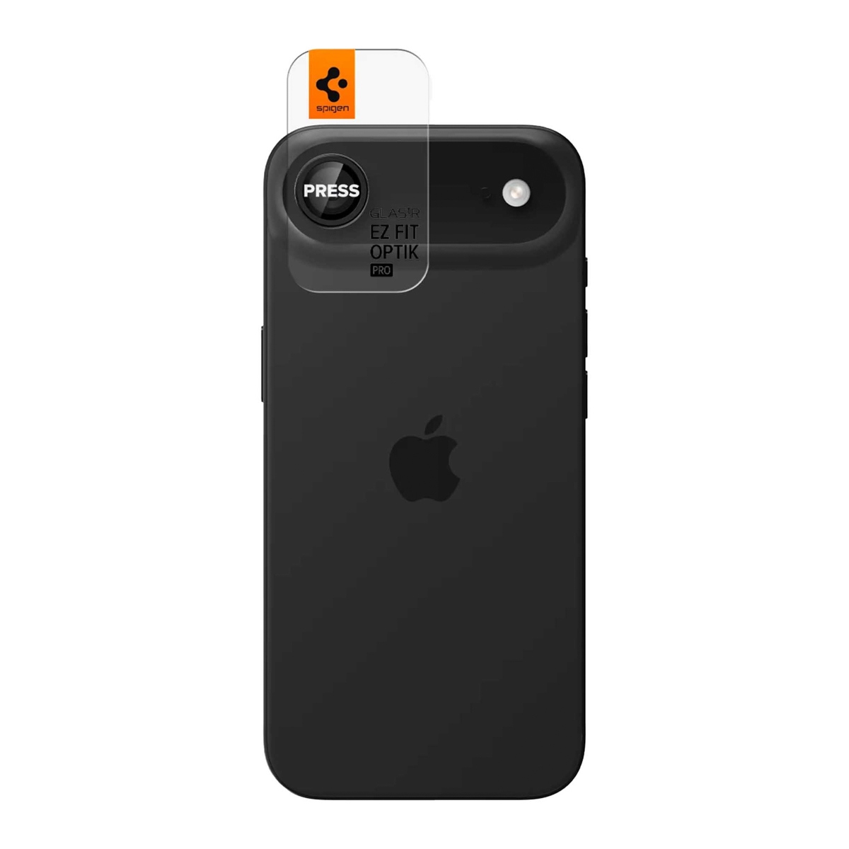 iPhone noir avec protecteur d'écran Spigen. Le protecteur est étiqueté 'EZ Fit Optik Pro'. Le logo Apple est visible.