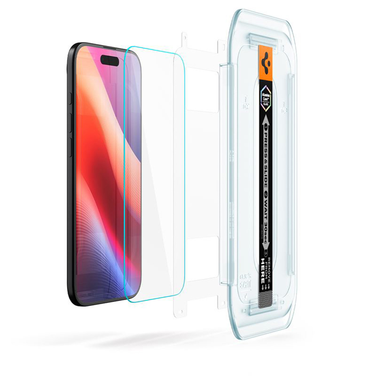 A smartphone with screen protector kit. The phone has a red and white display. A clear protector and application tools are shown.