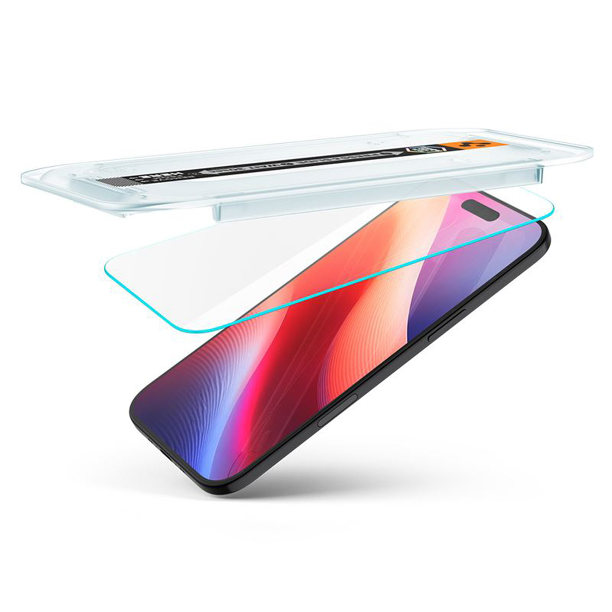 A phone with a screen protector and packaging is shown. The phone has a colorful screen. The protector has blue lines.