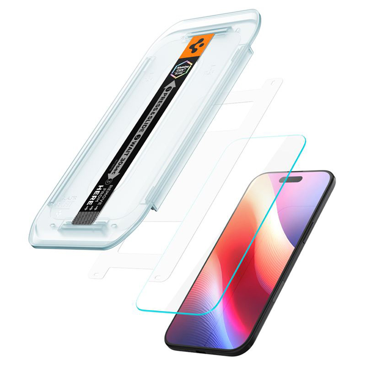 A phone screen protector kit. It includes a phone, a screen protector, an applicator, and instructions.