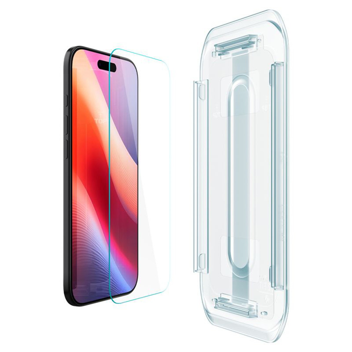An iPhone with a screen protector and a clear plastic alignment tool, all on a white background.
