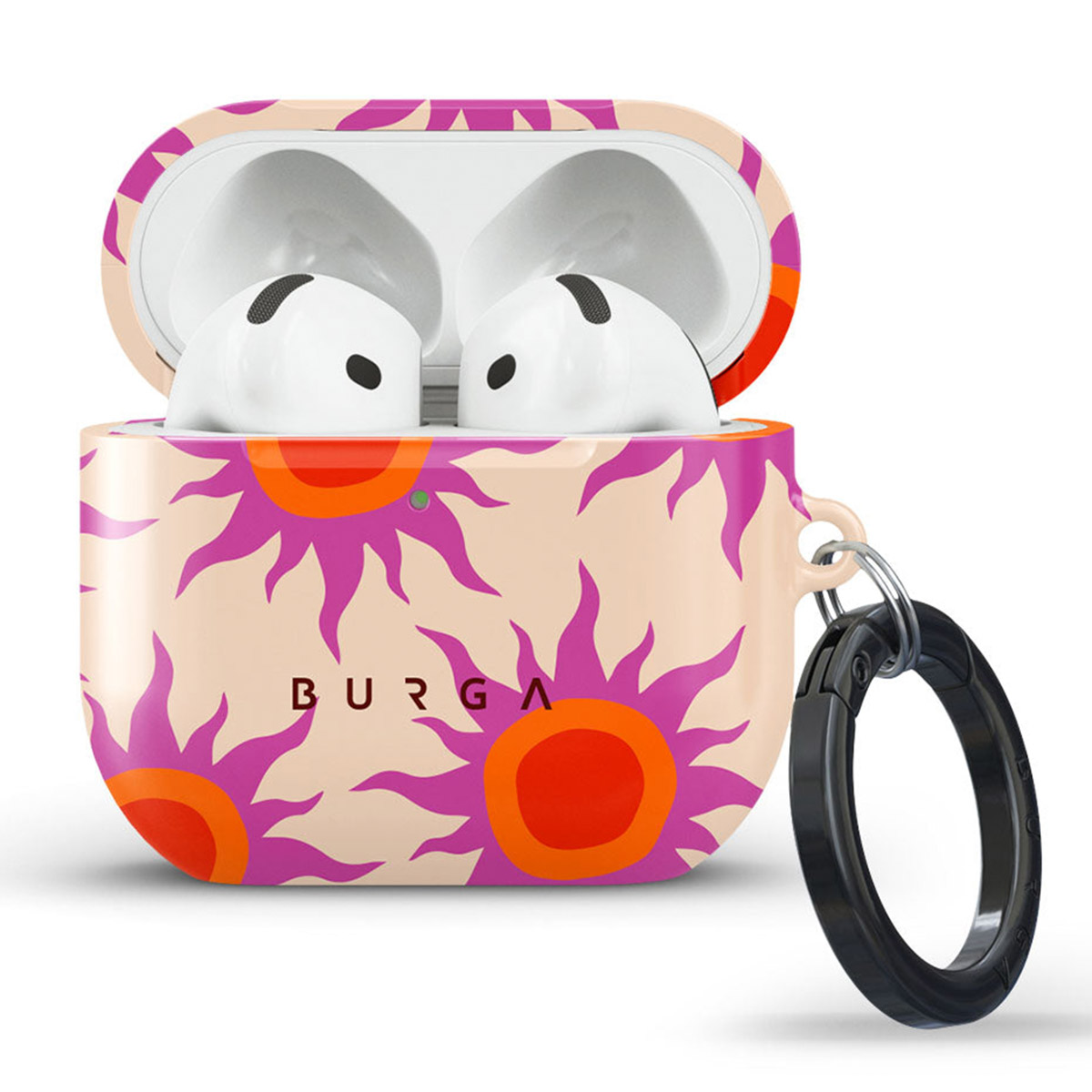 Witte AirPods in een etui met roze en oranje zonnestralen. Een zwarte ringclip is bevestigd.